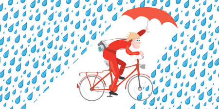 man with an umbrella and camera rides bicycle in the rainのイラスト素材