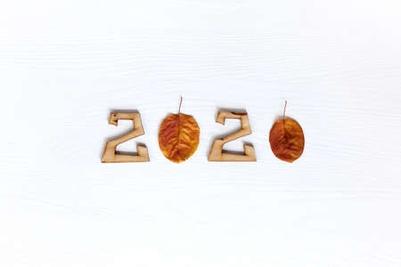autumn leaves and numbers on a light wooden surface top view. 2020 fall season conceptの写真素材