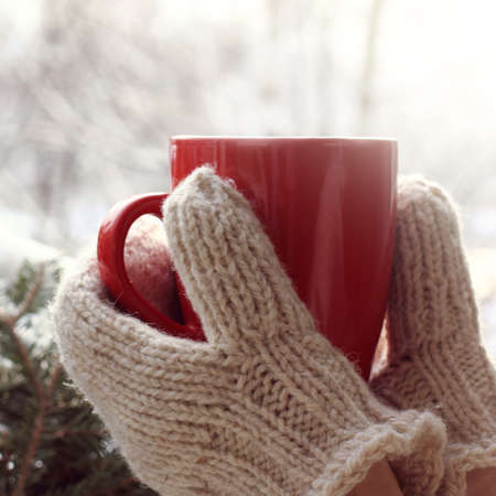 red mug in hands dressed in white knitted mittens on a background of a winter landscape. warming atmosphere of a frosty morningの写真素材