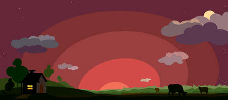 house with the lights on in the window against a landscape with silhouettes of cows grazing on the field until late in the evening. rural landscape at sunsetのイラスト素材