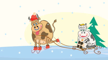 vector illustration a bull on skates rolls a cow with a Christmas tree in a sleigh on a skating rink. romantic and fun winter holidaysのイラスト素材
