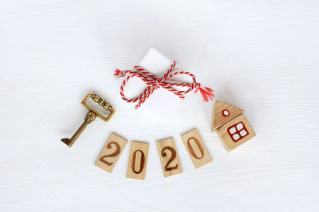 gift, retro key, small home and number 2020, top view. Individual Eco-Friendly Congratulations