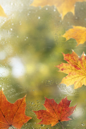 maple leaves on the window after the rain. place for autumn inscriptions