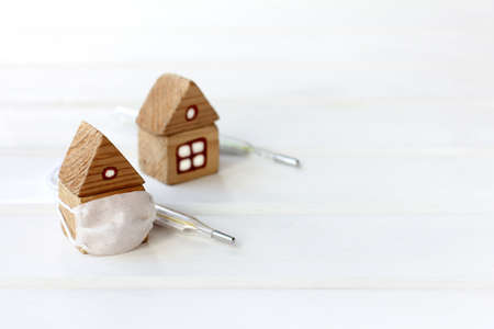 one of the houses with thermometers is wearing a medical mask. measure temperature and self-insulateの写真素材