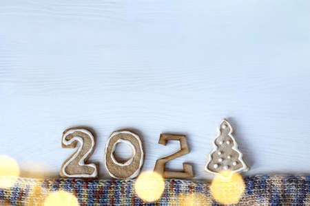 flat lay installation of figured cookies, scarf and illumination. ginger concept 2021の写真素材