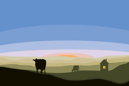 vector silhouettes of houses with lights in the window and cows grazing on a pasture against the backdrop of sunset. evening rural landscapeのイラスト素材