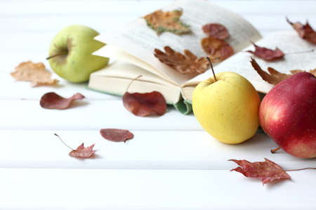 ripe apples on the background of an open book and autumn leaves on the table. taste of knowledgeの写真素材
