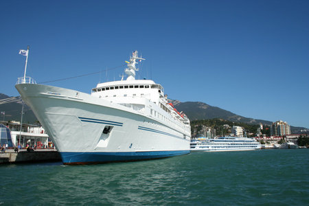 large white ship moored at Yalta port, Ukraine