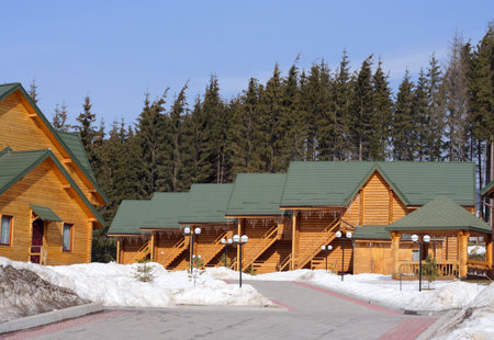 column of timber chalets located at the mountains