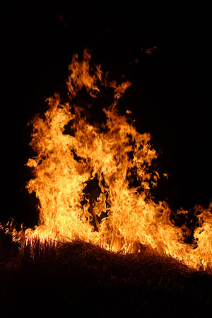 burning straw left at the field at the night