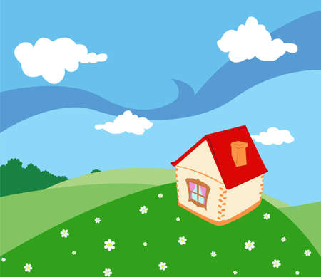 rural house on a meadow with a lot of flowersのイラスト素材