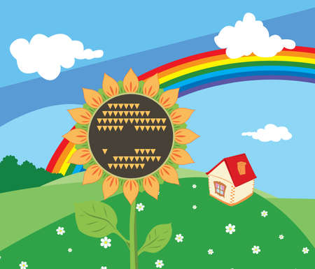sunflower with the rural house and rainbow at the distanceのイラスト素材