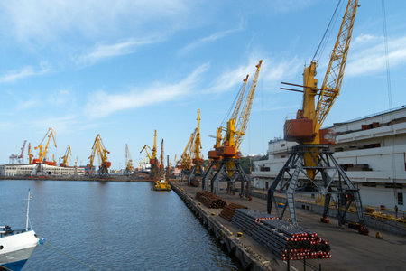 tall cranes and big ships moored at the industrial sea port