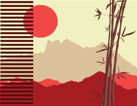 japanese theme with bamboo and mountains silhouettes at the background  のイラスト素材