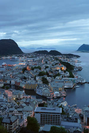 view  from the mountain Aksla at the city of Alesund , Norway. White night time  shootの写真素材