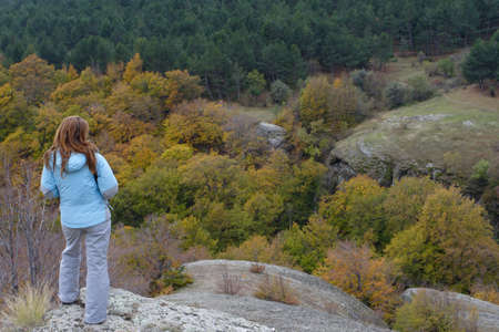 girl standing on the rock and looking at autumn forestの写真素材