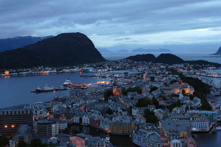 view  from the mountain Aksla at the city of Alesund , Norway. White night time  shootの写真素材