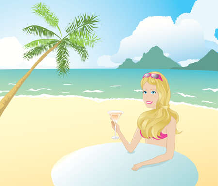 girl on a tropical beach drinking. Palm tree, ocean and blue cloudy sky at the backgroundのイラスト素材