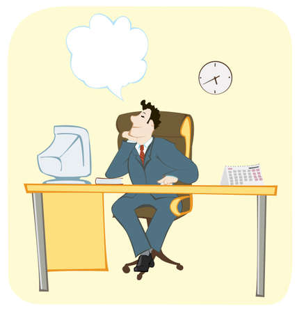 dreaming office worker on his work place sitting and dreaming aboutのイラスト素材
