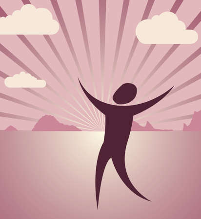 figure of a man raising up his hands meeting a sunrise over the seaのイラスト素材