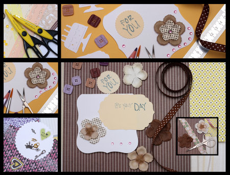 collage - hand made scrapbooking post card and tools lying on a table