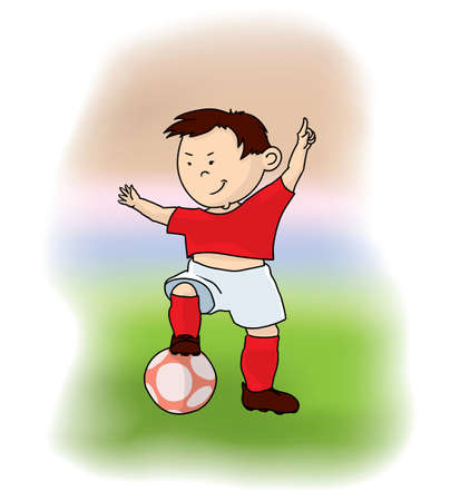 happy cartoon soccer player with the ball and the hand lifted upのイラスト素材