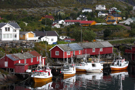 wooden house at the Lofoten archipelago, norwayの写真素材