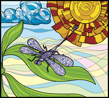 dragonfly on a flower and shining sun abstract illustrationのイラスト素材