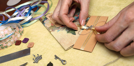 scrapbook background. Card and tools with decoration 