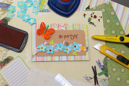 scrapbook background. Card and tools with decoration の写真素材