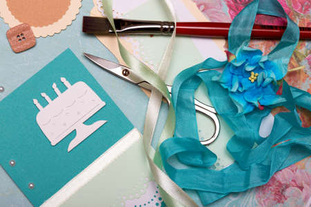 scrapbook background. Card and tools with decoration の写真素材