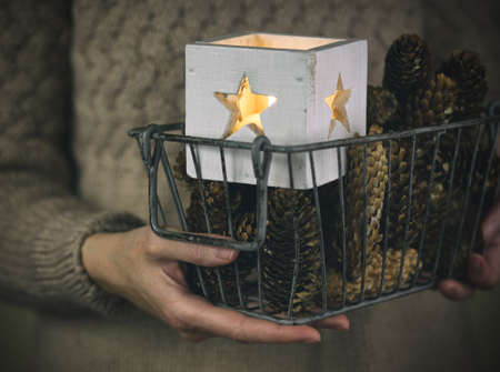 Christmas backgrounds. Christmas decor on the wooden background.の写真素材