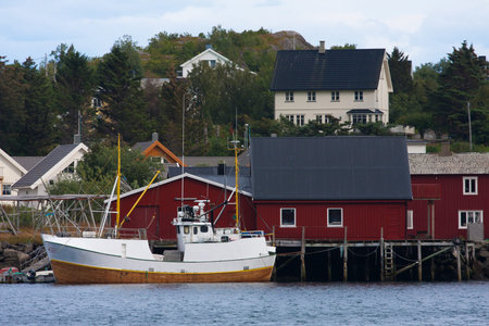view of norwegian town on a Lofoten coastlineの写真素材