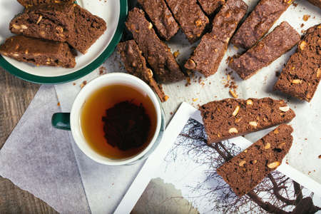 Italian biscotti cookies and tea on the tableの写真素材