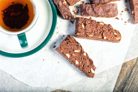 Italian biscotti cookies and tea on the tableの写真素材