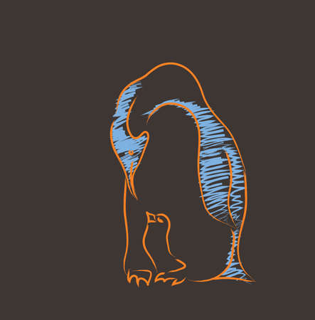 pinguin with the chick abstract illustration on a brownのイラスト素材