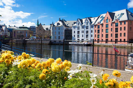 flowers growing at the streets of famous norwegian town Alesundの写真素材