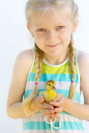 smiling little girl holding a little ducklingの写真素材