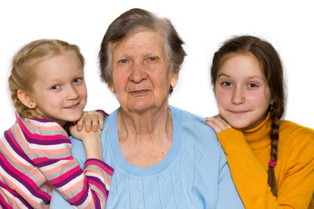 portrait of a great-grandmother, great-granddaughters, close-up