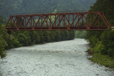 Metal railway bridge over a mountain river in Carpathian mountains, Ukraine