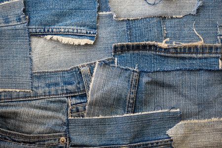 background made of old jeans rags close upの写真素材