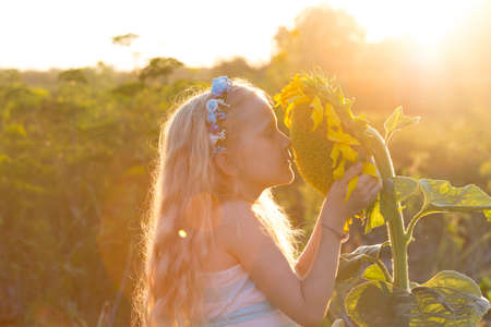smile little girl with sunflower at the sunset timeの写真素材