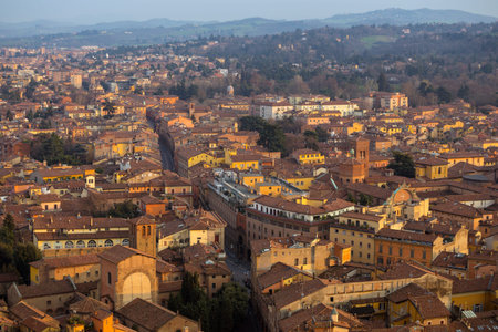 a top view of the historic center of Bologna and the Tuscany hills in the background, Italy