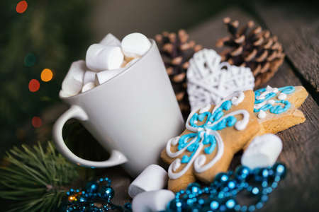 cup of coffee and marshmallows. gingerbread and Christmas decorationsの写真素材