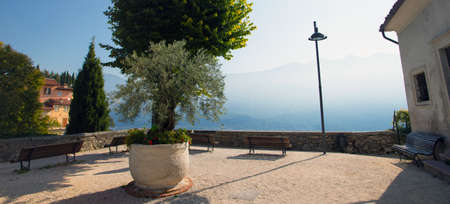 view of the famous terrace in a small town Tremosine at dawn. Italy.の写真素材