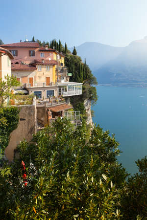 view of the famous terrace in a small town Tremosine at dawn. Italy.の写真素材