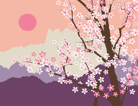 sakura tree blossom with the multicolored mountains abstract spring background EPS8のイラスト素材