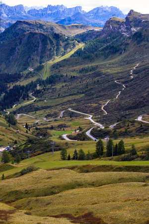 Passo Pordoi. Mountain road - serpentine in the mountains Dolomites, Italyの写真素材