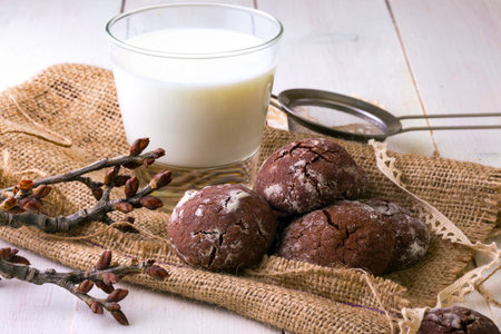 chocolate cookies on a white wooden backgroundの写真素材