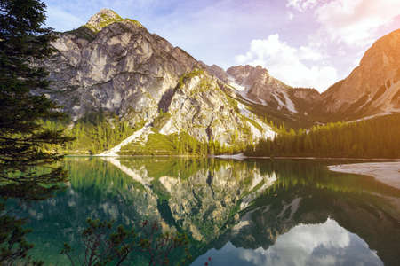 view at the Braies lake, Dolomites Italyの写真素材